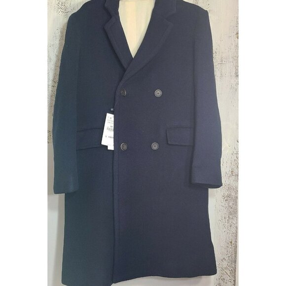 $199 ZARA Man Long Overcoat Coat Trench S Medium M Navy Wool